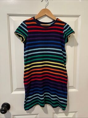 Primary Multicolor Rainbow Stripe Short Sleeve Dress - Navy Base